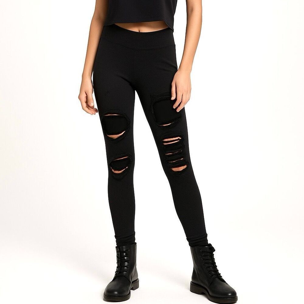 Shredded Black Ripped Leggings – Grunge Street Style Festival Pants OS